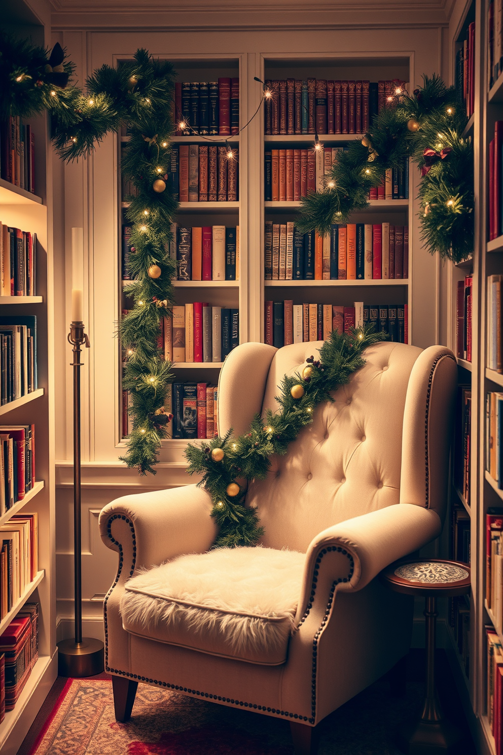 A cozy reading nook adorned with a soft garland draped elegantly over a plush armchair. The space is filled with warm, ambient lighting and surrounded by shelves lined with books, creating a perfect holiday retreat.