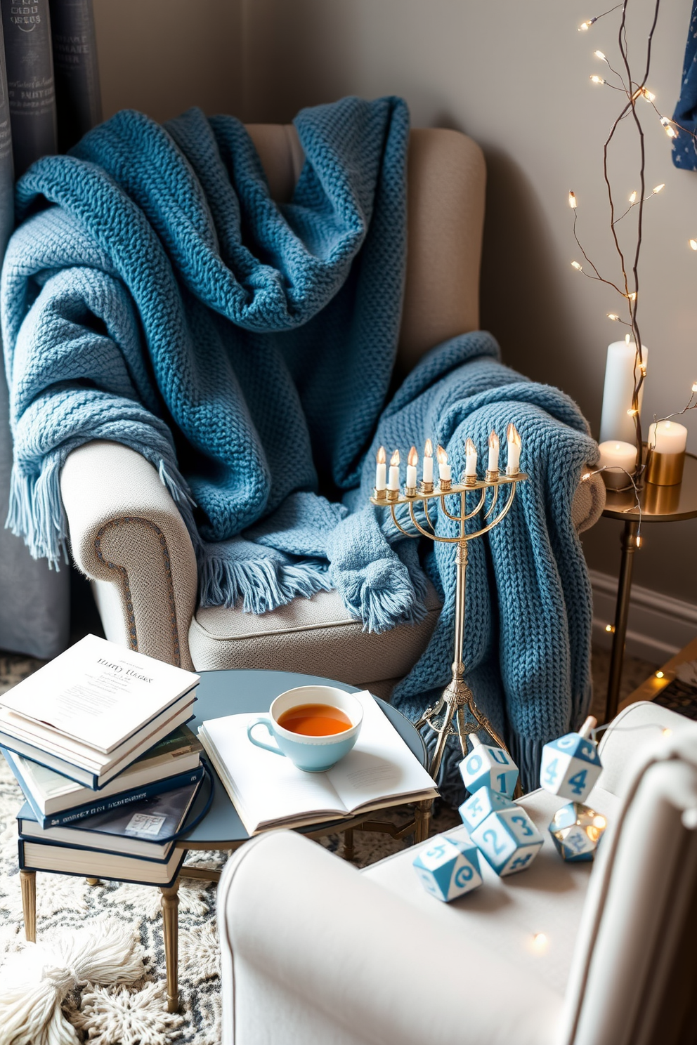 Cozy blankets in blue and silver tones are draped over a plush armchair in a softly lit reading nook. A small side table holds a stack of books and a steaming cup of tea, creating an inviting atmosphere for relaxation. For Hanukkah decorating ideas, the space is adorned with elegant blue and silver accents, including a beautifully set menorah on the table. Twinkling fairy lights and handmade dreidels add a festive touch, enhancing the warmth and spirit of the holiday.