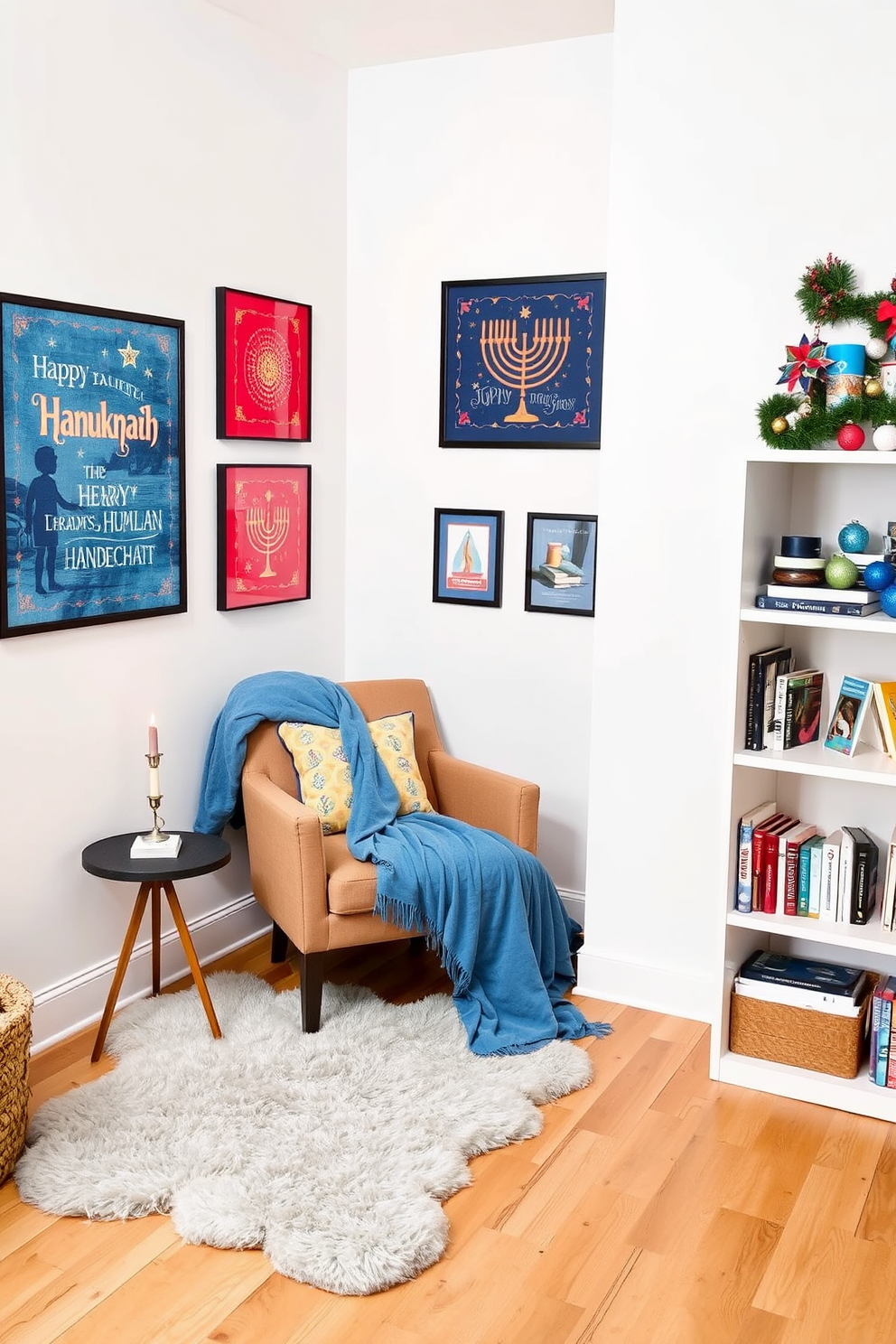 A cozy reading nook adorned with Hanukkah-themed art prints on the walls. The space features a comfortable armchair draped with a soft blue throw blanket and a small side table with a lit menorah. The walls are decorated with vibrant Hanukkah art prints, showcasing traditional symbols and festive colors. A plush rug lies beneath the chair, adding warmth to the nook, while a nearby bookshelf is filled with holiday-themed books and decorations.