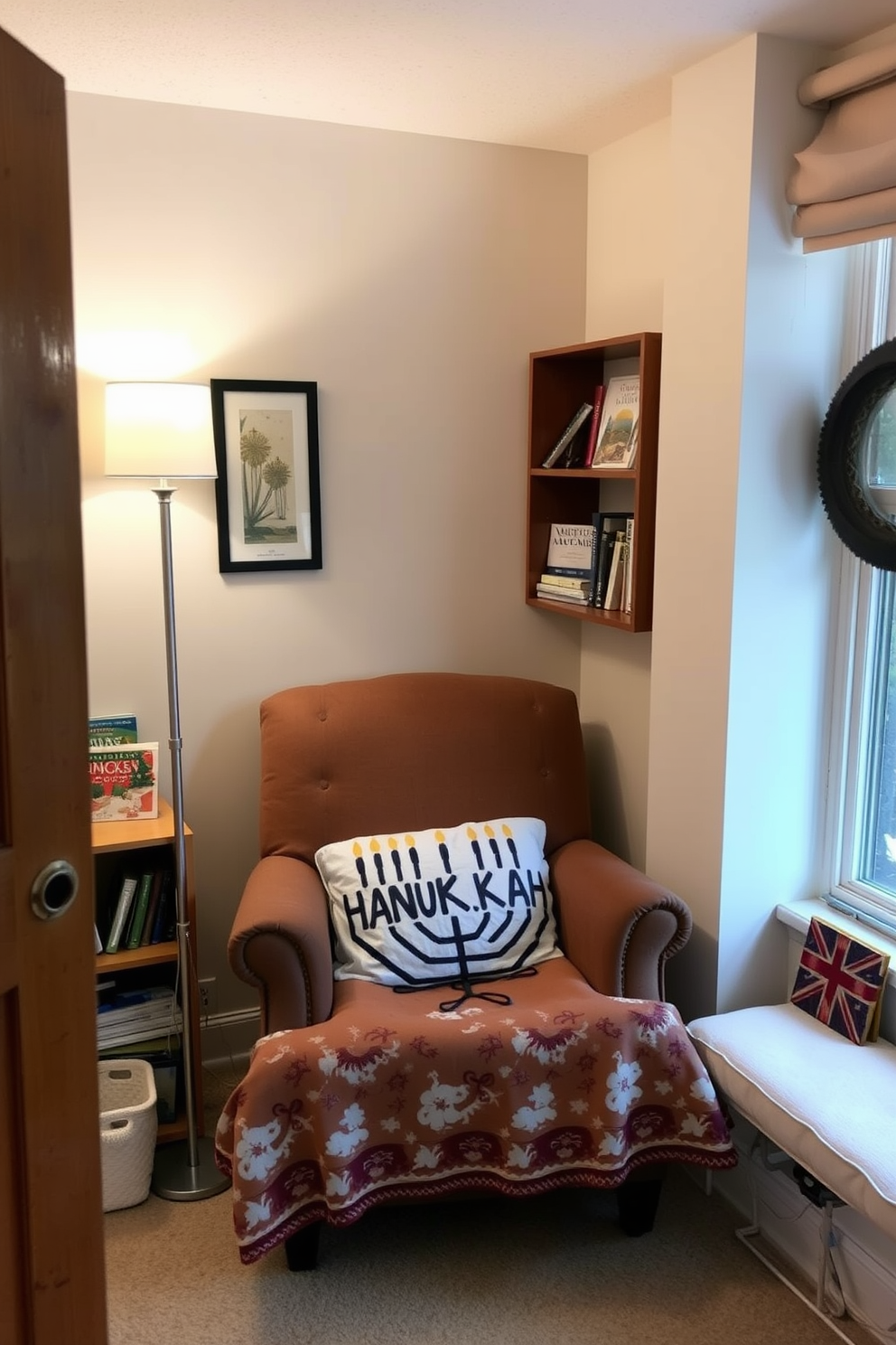 A cozy reading nook featuring a comfortable armchair adorned with a festive Hanukkah cover. The nook is illuminated by a soft lamp, with a small bookshelf filled with holiday-themed books nearby.