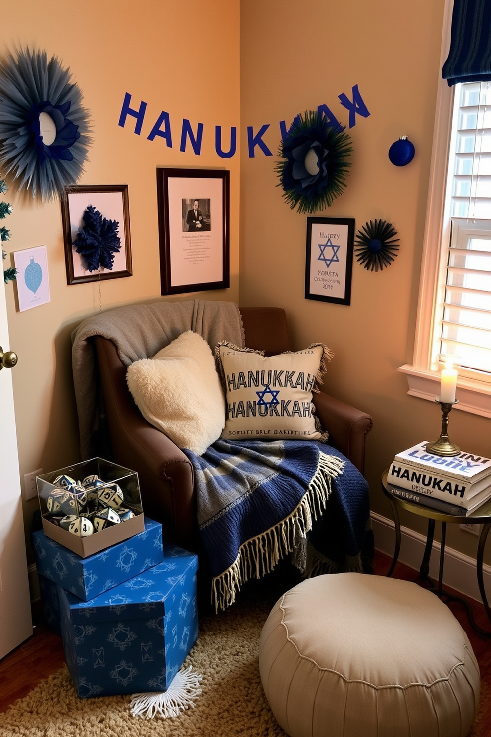 A cozy reading nook designed for Hanukkah celebrations. It features a plush armchair draped with a soft blanket, surrounded by decorative boxes for storing dreidels. The nook is adorned with festive decorations, including blue and silver accents that reflect the holiday spirit. A small side table holds a stack of books and a warm candle, creating an inviting atmosphere for relaxation and reflection.