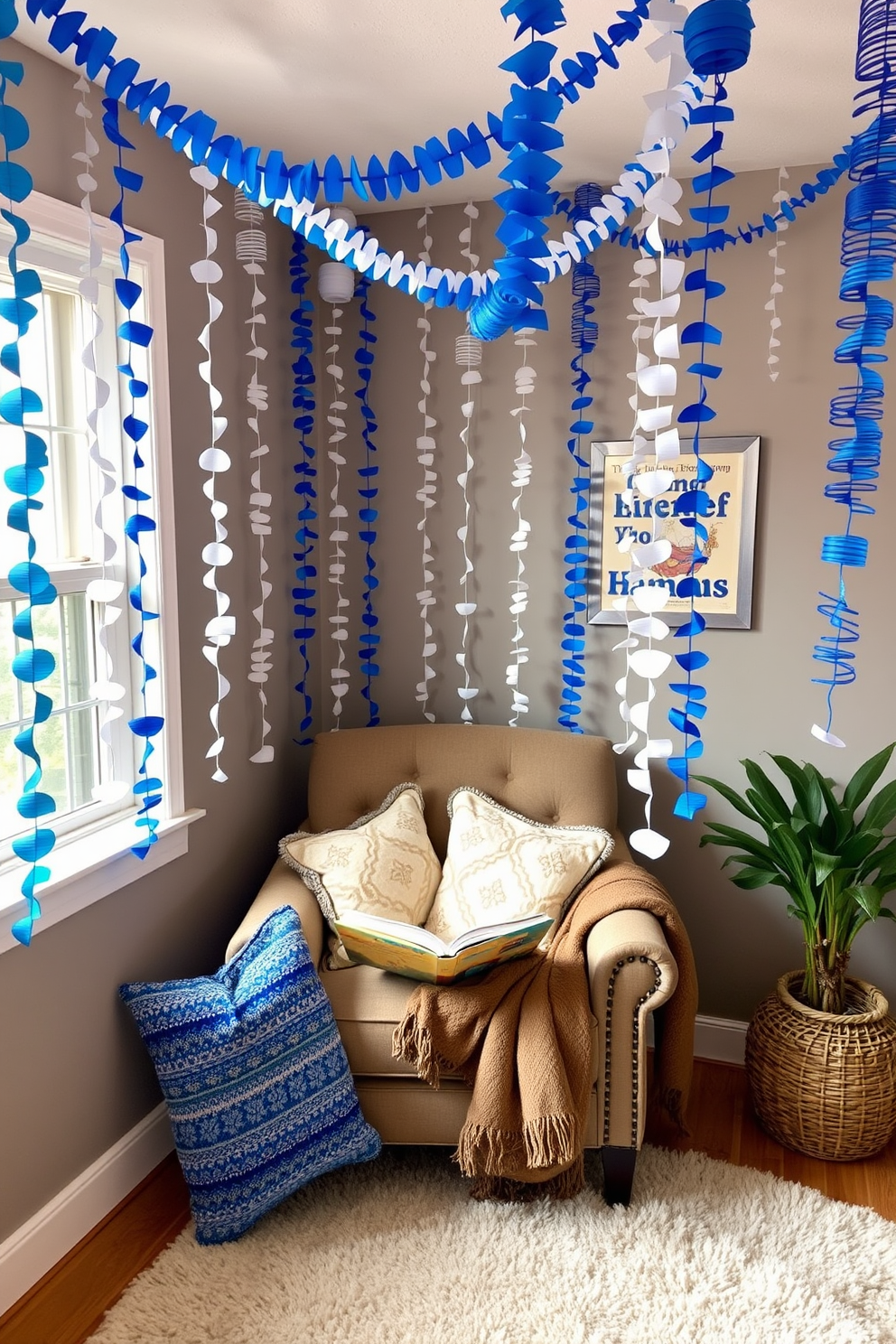 A cozy reading nook decorated for Hanukkah features colorful paper chains in blue and white draped across the ceiling. A plush armchair sits in the corner, surrounded by soft throw pillows and a warm blanket, creating an inviting atmosphere for relaxation and festive cheer.