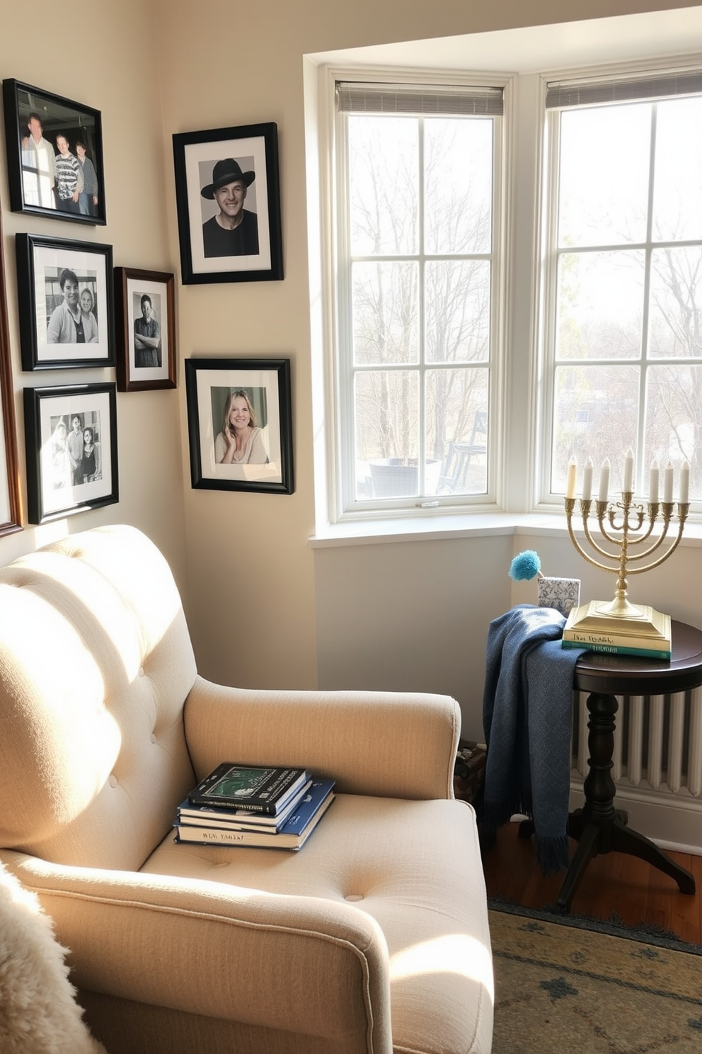 A cozy reading nook filled with natural light and soft textures. A plush armchair is positioned next to a small side table stacked with books, and a warm throw blanket drapes over the armrest. Framed family photos from past celebrations adorn the walls, creating a personal touch. The decor features subtle Hanukkah elements, such as a decorative menorah on the table and blue and silver accents throughout the space.