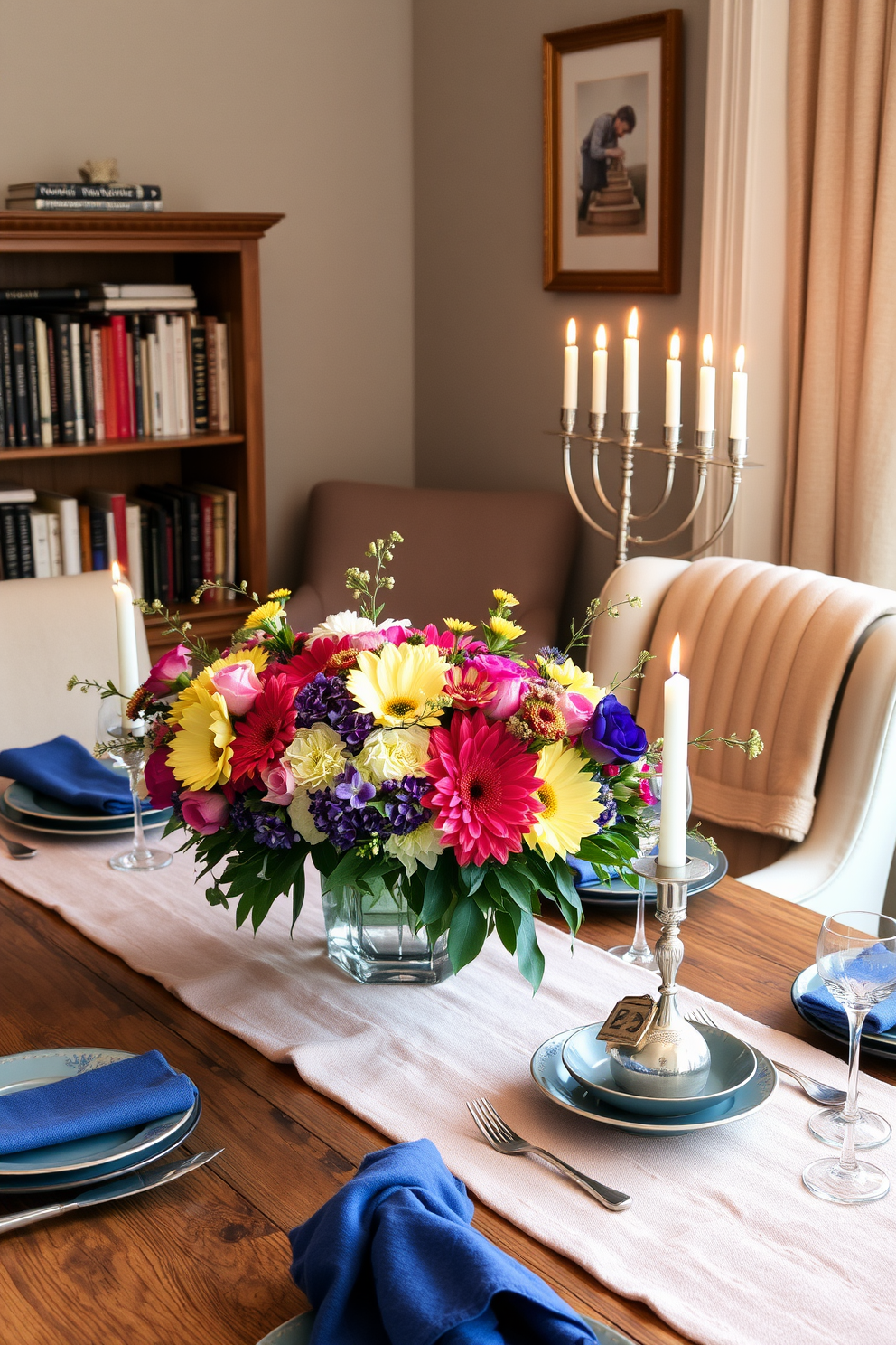 A beautiful table centerpiece featuring an arrangement of seasonal flowers in vibrant colors. The centerpiece is placed on a rustic wooden table, surrounded by elegant dinnerware and soft candlelight. A cozy reading nook with a plush armchair upholstered in a soft fabric. The nook is adorned with a small bookshelf filled with favorite novels and a warm throw blanket draped over the armrest. Elegant Hanukkah decorating ideas that include a beautifully lit menorah as the focal point. Surround the menorah with blue and silver accents, including decorative dreidels and festive table settings.