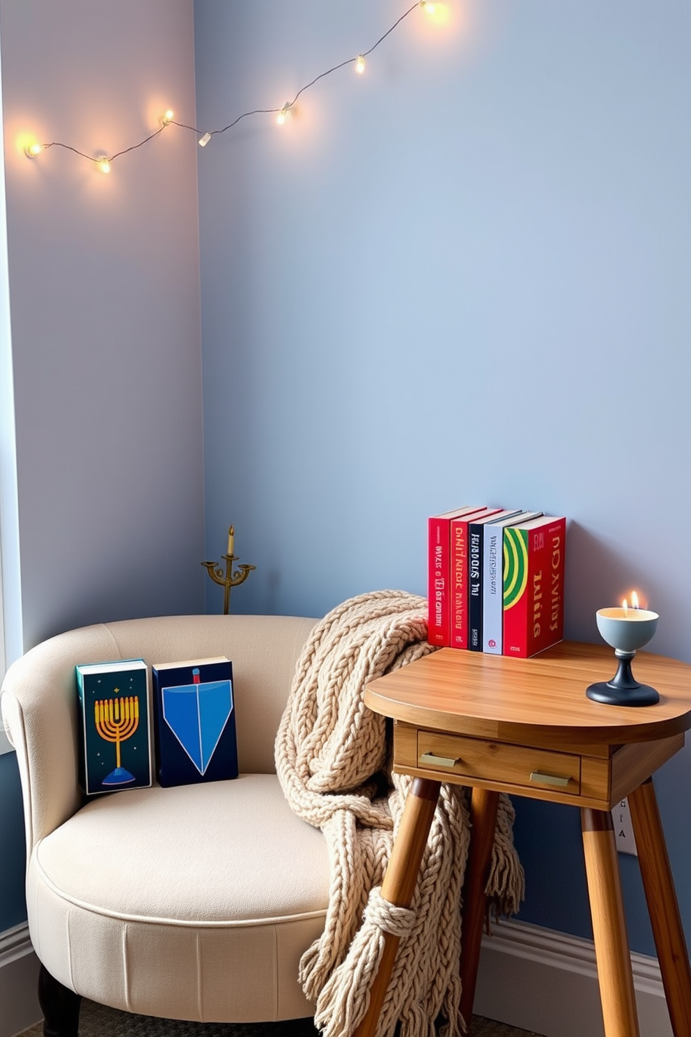 A cozy reading nook adorned with colorful Hanukkah-themed bookends. The walls are painted a soft blue, and a plush armchair is positioned next to a small wooden side table that holds a steaming cup of cocoa. The bookends feature vibrant designs of dreidels and menorahs, adding a festive touch to the space. A warm knitted throw is draped over the armchair, and a string of fairy lights twinkles above, creating an inviting atmosphere for holiday reading.