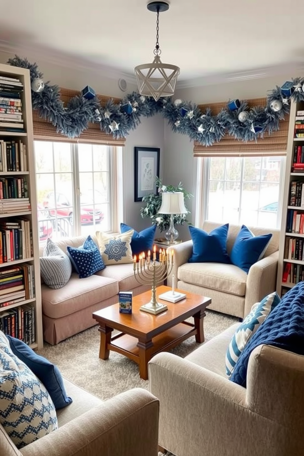 A cozy reading nook adorned with soft cushions in various textures and colors. A plush armchair is positioned next to a large window, surrounded by bookshelves filled with an eclectic collection of books. For Hanukkah, the space is decorated with blue and silver accents, including a beautifully lit menorah on the coffee table. Festive garlands of dreidels and Stars of David hang above, adding a cheerful touch to the atmosphere.