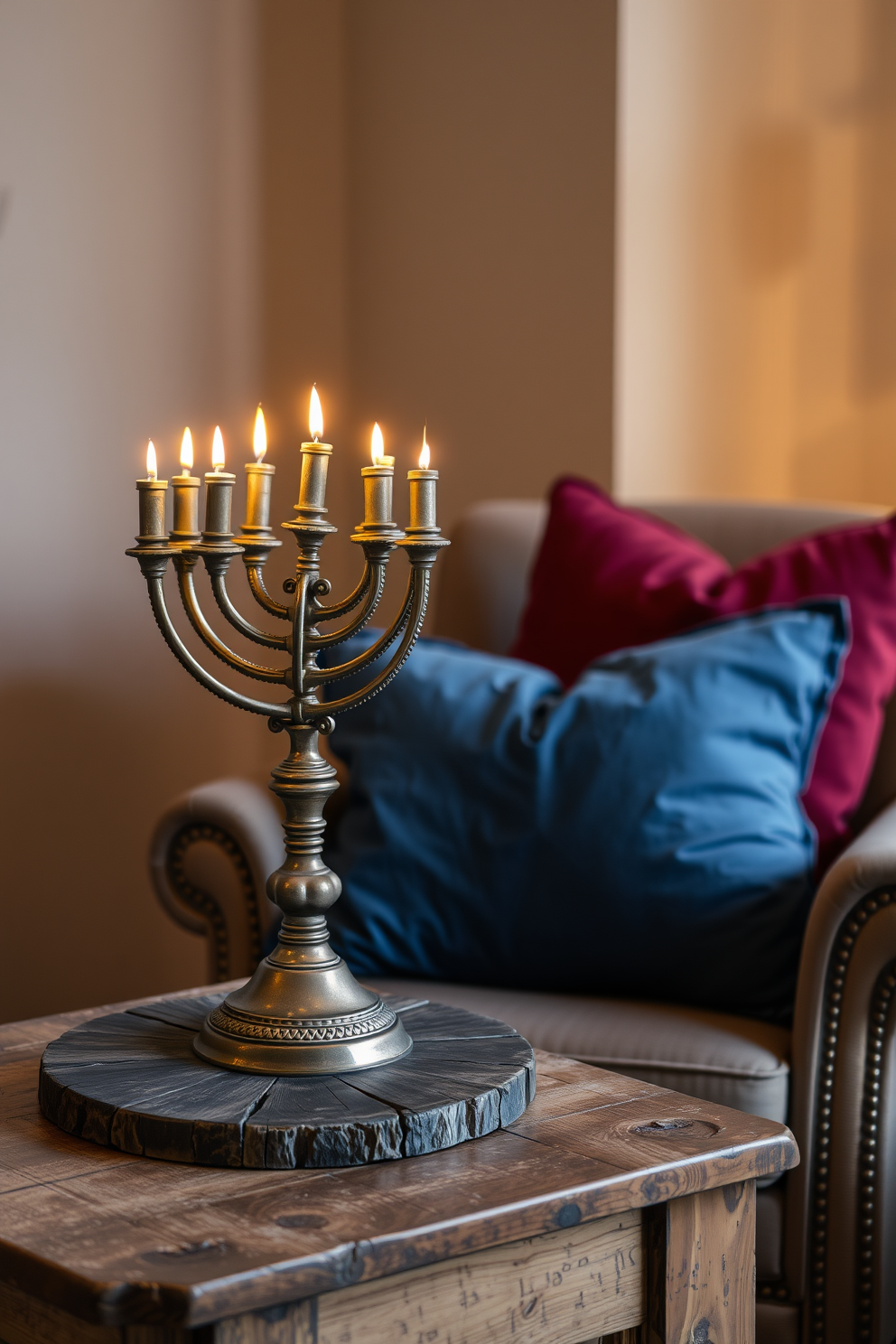 A vintage menorah is displayed prominently on a rustic wooden table, surrounded by soft, ambient lighting that creates a warm atmosphere. Plush cushions in rich jewel tones are arranged on a cozy armchair, inviting readers to relax and enjoy the festive spirit of Hanukkah.