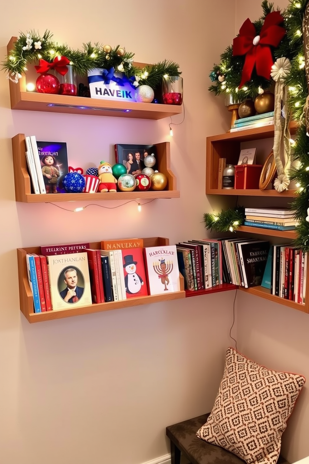 A cozy reading nook featuring wall-mounted shelves adorned with festive holiday decor. The shelves are filled with colorful ornaments, twinkling lights, and seasonal books, creating a warm and inviting atmosphere for Hanukkah celebrations.