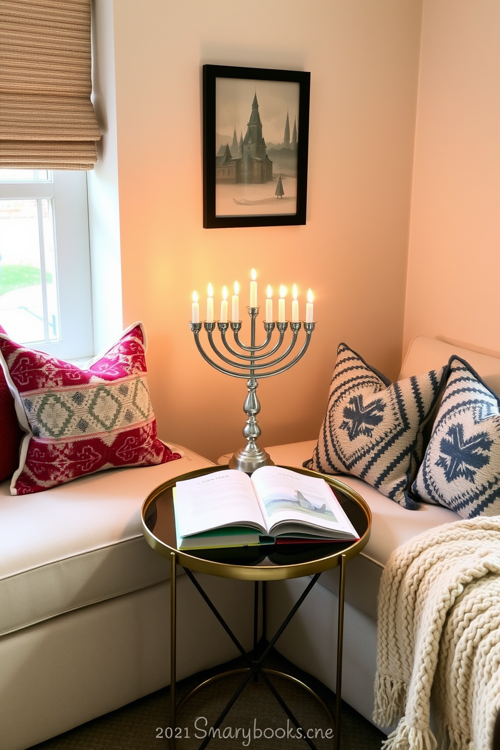 A cozy reading nook featuring a decorative menorah on a stylish side table. The nook is adorned with soft cushions and warm throws, creating an inviting atmosphere for enjoying holiday books.