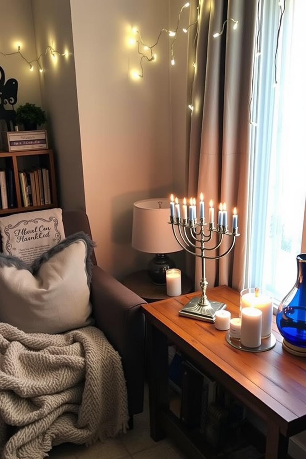 A cozy reading nook bathed in warm light. Plush cushions and a soft throw blanket adorn a comfortable armchair, while a small side table holds an assortment of scented candles and a diffuser, filling the space with seasonal aromas. Festive decorations for Hanukkah create a joyful atmosphere. A beautifully arranged menorah sits on a wooden table, surrounded by blue and silver accents, with twinkling fairy lights draped across the window for a magical touch.