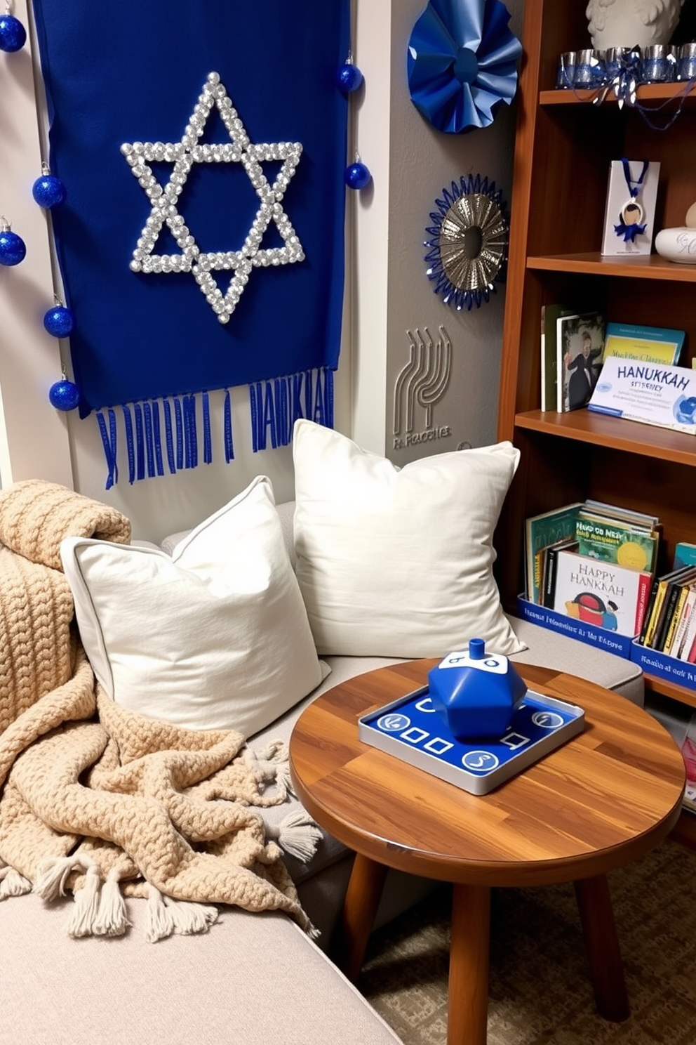 A cozy reading nook is adorned with soft cushions and a warm throw blanket. A small wooden table holds an interactive dreidel game, inviting family and friends to gather and play. The walls are decorated with festive Hanukkah decorations, including blue and silver accents. A nearby bookshelf is filled with books about Hanukkah traditions and stories, enhancing the inviting atmosphere.