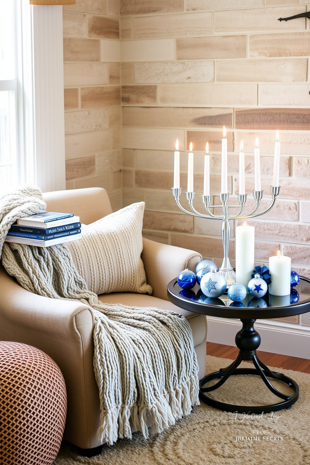 A cozy reading nook with layered textures featuring a plush armchair draped with a knitted throw. A small side table holds a stack of books and a warm mug, while a soft rug underfoot adds warmth and comfort. Festive Hanukkah decorating ideas include a beautifully arranged menorah on a decorative table. Surround the menorah with blue and silver accents, such as star of David ornaments and candles, to create a warm and inviting atmosphere.