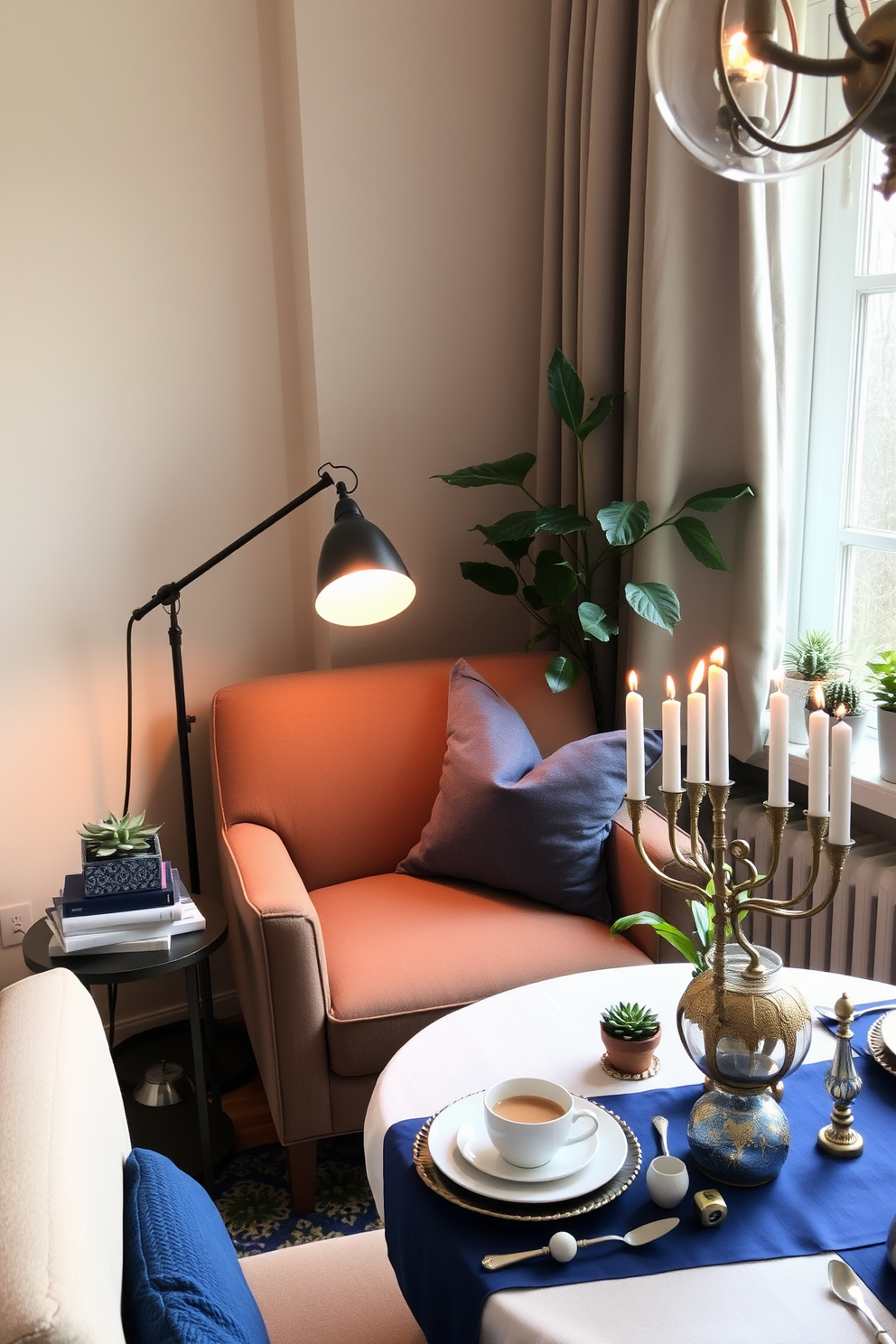 A cozy reading nook featuring a plush armchair upholstered in a soft fabric. A small side table holds a stack of books and a steaming cup of tea, while a floor lamp casts a warm glow over the space. Incorporate potted plants of varying sizes to add a refreshing touch of green. Place a tall leafy plant in one corner and smaller succulents on the windowsill to create a tranquil atmosphere. Design a festive Hanukkah setting with a beautifully arranged table. Use a blue and white color palette with elegant tableware, a menorah as the centerpiece, and decorative dreidels scattered around.