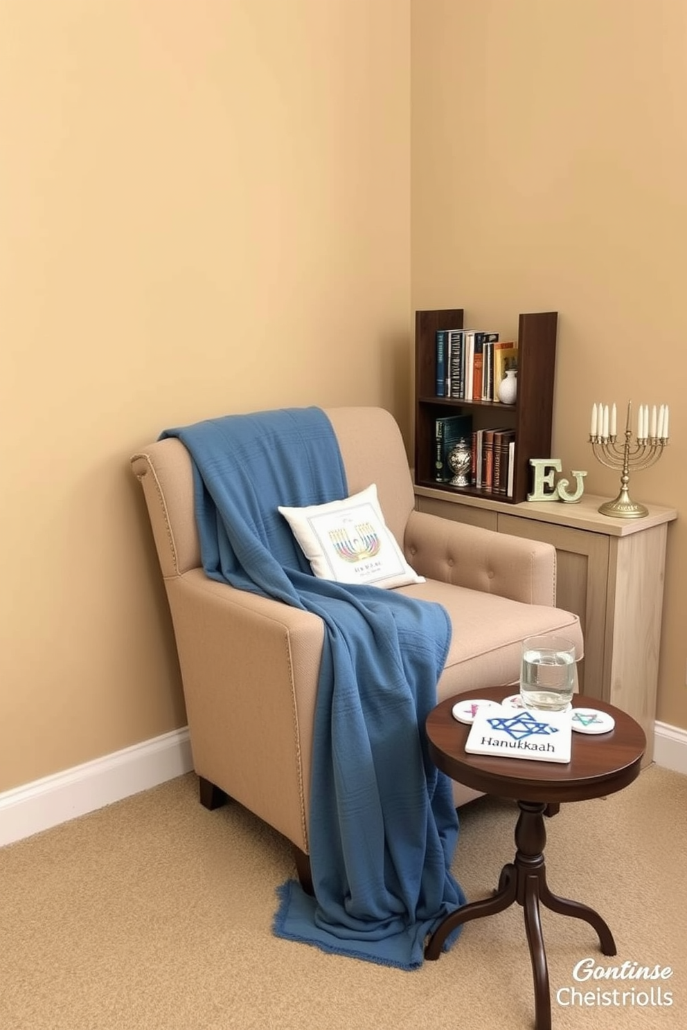 A cozy reading nook adorned with Hanukkah-themed coasters for drinks. The space features a comfortable armchair draped in a soft blue throw blanket, with a small side table displaying a set of beautifully designed coasters featuring traditional symbols of Hanukkah. The walls are painted a warm beige, creating an inviting atmosphere. A small bookshelf filled with festive books and a decorative menorah sit nearby, adding to the Hanukkah spirit in this charming corner.