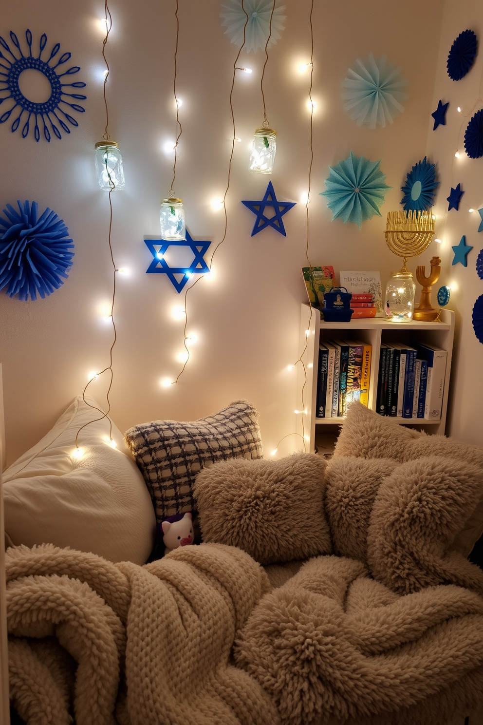 A cozy reading nook filled with soft cushions and a plush throw blanket. Magical fairy lights are strung inside glass jars, casting a warm glow throughout the space. The walls are adorned with festive Hanukkah decorations, including blue and silver accents. A small bookshelf holds a collection of favorite books alongside decorative menorahs and dreidels.