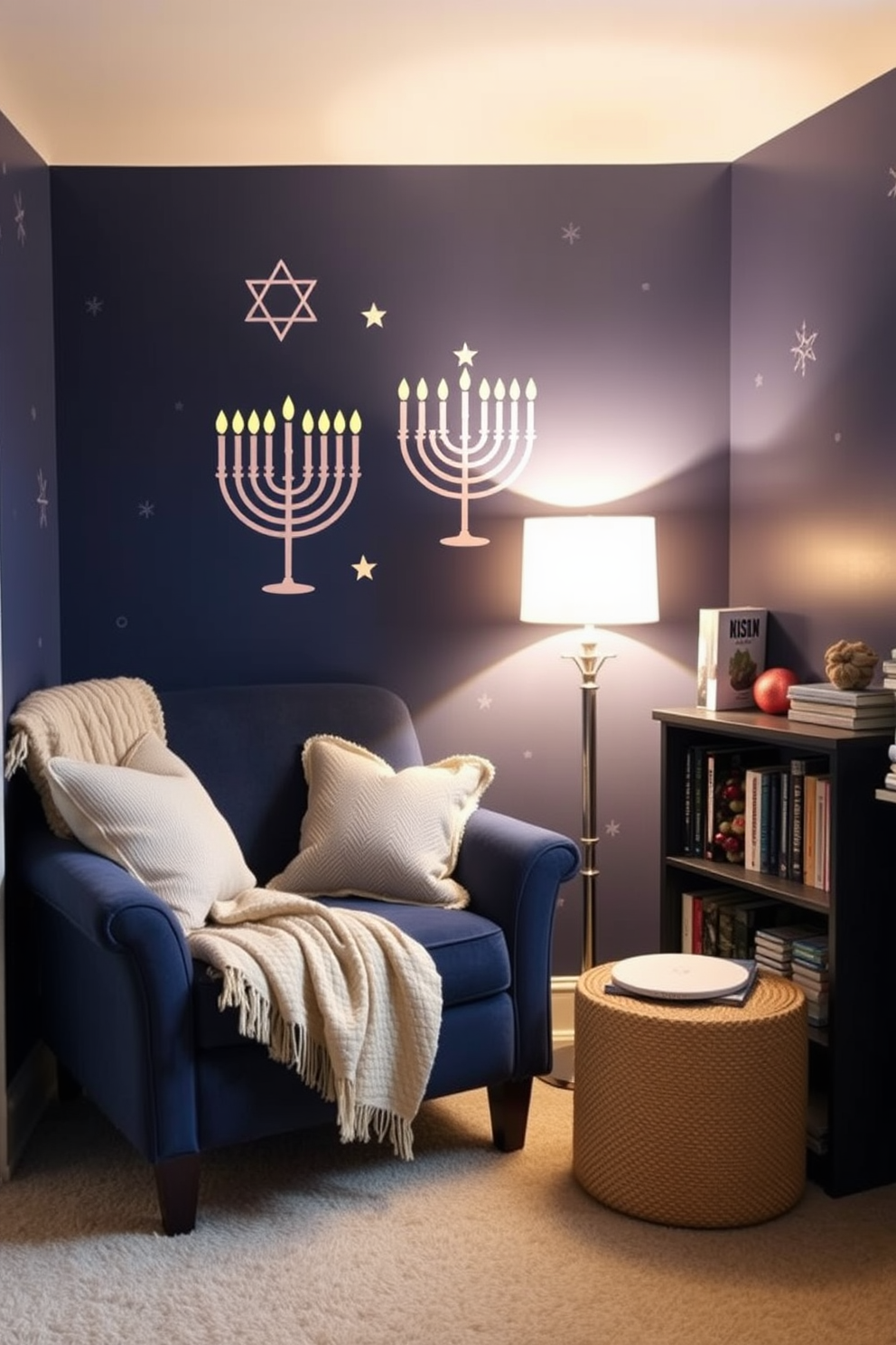 A cozy reading nook adorned with creative wall decals that bring festive cheer. The space features a plush armchair in a deep blue hue, surrounded by soft throw pillows and a warm blanket, creating an inviting atmosphere for relaxation. For Hanukkah decorating ideas, the nook is enhanced with decorative menorah wall decals and star motifs. Soft lighting from a nearby lamp casts a gentle glow, illuminating a small bookshelf filled with holiday-themed books and a few vibrant ornaments.