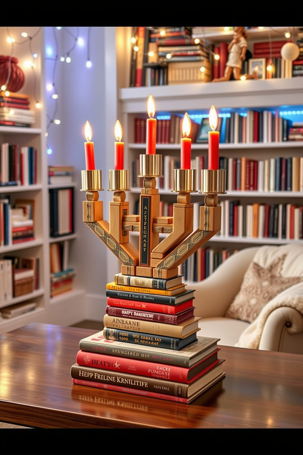 Artistic menorah made from books. The menorah is creatively constructed using stacked books of various sizes, with candle holders placed on top of the books, showcasing vibrant colors and unique textures. Reading nook designed for cozy relaxation. The nook features a plush armchair surrounded by shelves filled with books, soft lighting, and warm blankets, creating an inviting atmosphere perfect for enjoying a good read. Hanukkah decorating ideas for a festive atmosphere. Incorporate elements like string lights, traditional symbols, and handmade ornaments to create a warm and welcoming space that celebrates the spirit of the holiday.