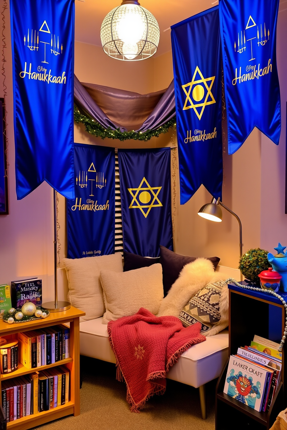 Colorful banners with Hanukkah greetings drape across the walls, featuring vibrant blues and golds that capture the spirit of the holiday. A cozy reading nook is nestled in the corner, adorned with plush cushions and a soft throw blanket, inviting relaxation and celebration. The space is illuminated by warm, soft lighting that highlights the festive decorations. A small bookshelf nearby displays a collection of holiday-themed books, adding to the charm of this inviting Hanukkah setting.