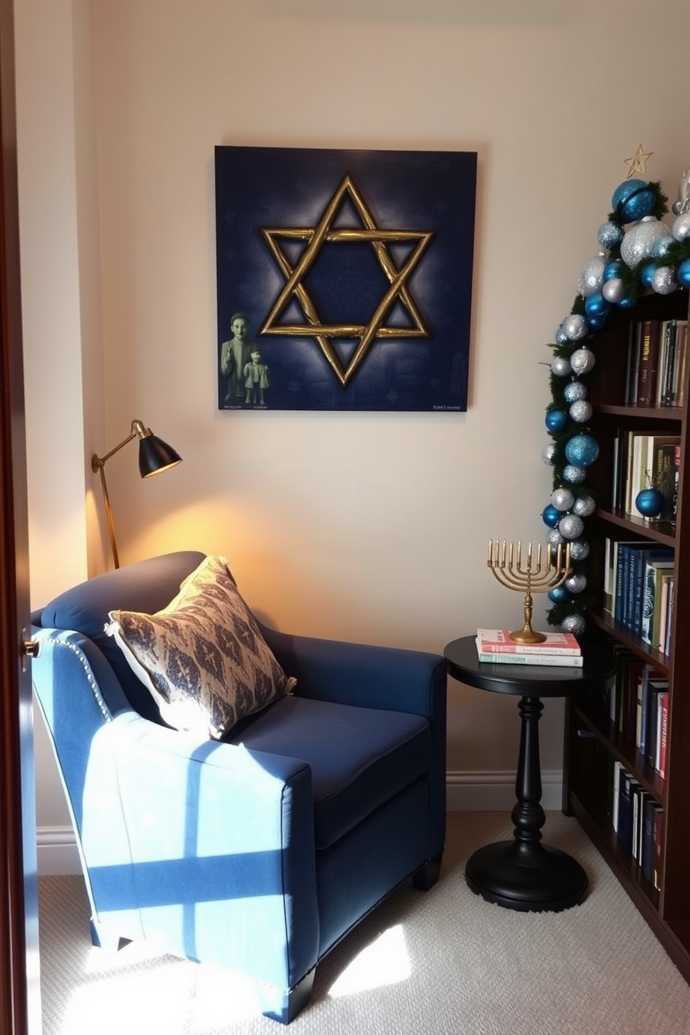 A cozy reading nook featuring a comfortable armchair upholstered in rich blue fabric. The wall behind the chair showcases a stunning Star of David wall art display, adding a touch of elegance and cultural significance. Soft, warm lighting illuminates the space, creating an inviting atmosphere perfect for relaxation. Decorated for Hanukkah, the nook includes festive accents like a menorah on a side table and garlands of blue and silver ornaments draped across the bookshelf.