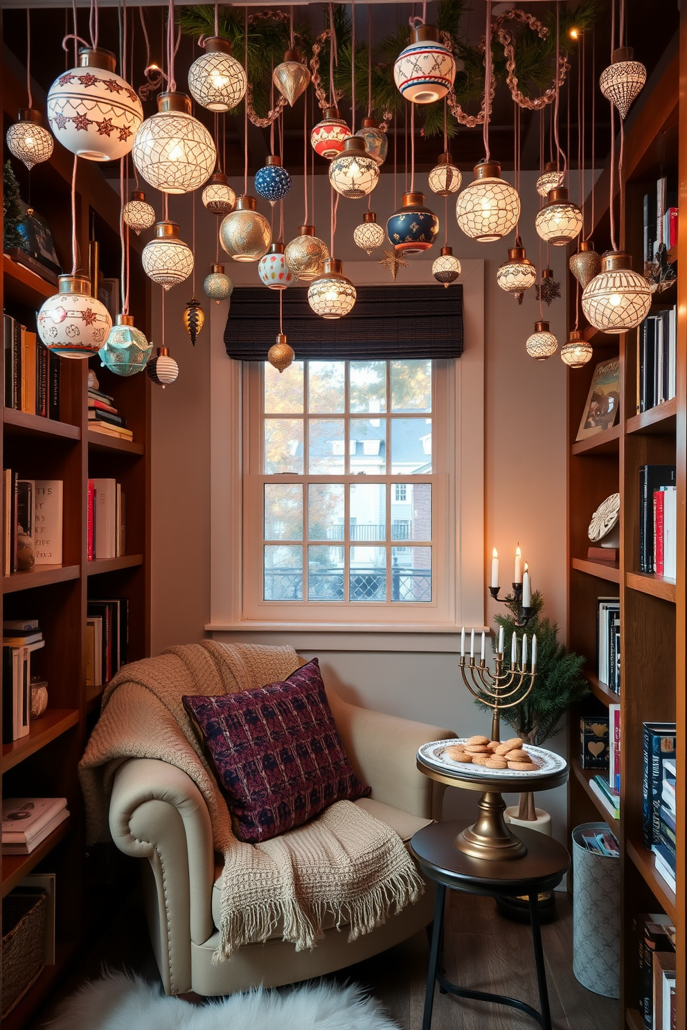 A cozy reading nook adorned with handmade ornaments hanging from the ceiling creates a warm and inviting atmosphere. The space features a plush armchair draped with a soft blanket, surrounded by shelves filled with books and decorative items. For Hanukkah decorating ideas, the nook is illuminated by soft, ambient lighting that highlights the beauty of the ornaments. A small table beside the chair holds a menorah and a decorative plate filled with traditional treats, enhancing the festive spirit.