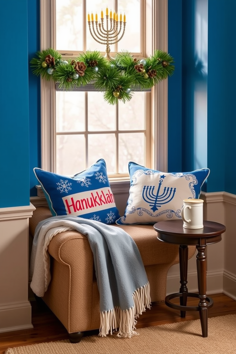 Festive pillows adorned with Hanukkah motifs are arranged on a cozy reading nook chair. The nook features a soft throw blanket draped over the armrest and a small side table holding a steaming cup of cocoa. The walls are painted in a warm blue hue, creating a serene atmosphere perfect for relaxation. A decorative menorah sits on the window sill, adding a touch of holiday spirit to the space.