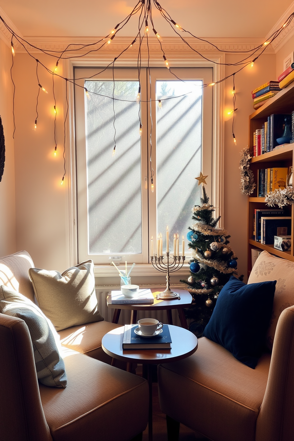 A cozy reading nook bathed in warm light. Soft armchairs are positioned around a small wooden table, with a stack of books and a steaming cup of tea resting on it. Hanging string lights drape elegantly across the ceiling, creating a magical ambiance. The walls are adorned with shelves filled with colorful books and decorative items, enhancing the inviting atmosphere. Festive decorations bring a touch of joy for Hanukkah. A beautifully arranged menorah sits on the table, surrounded by blue and silver accents, while a garland of stars adds a charming detail to the space.