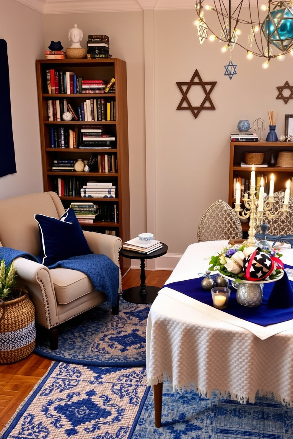 A cozy reading nook featuring a plush armchair upholstered in soft fabric, surrounded by blue and white throw rugs that add warmth and texture to the space. A small side table holds a stack of books and a cup of tea, while a nearby bookshelf is filled with colorful volumes and decorative items. For Hanukkah decorating ideas, envision a beautifully set table adorned with a blue and silver tablecloth, complemented by elegant menorah centerpieces. Soft lighting from string lights creates a warm ambiance, while decorative dreidels and star of David accents add festive charm throughout the room.