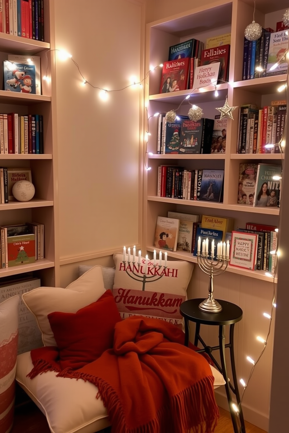 A cozy reading nook featuring bookshelves filled with holiday-themed books. The space is adorned with soft cushions and a warm throw blanket, creating an inviting atmosphere for enjoying festive stories. The bookshelves are decorated with twinkling lights and ornaments that reflect the spirit of Hanukkah. A small side table holds a menorah, enhancing the seasonal charm of the reading corner.