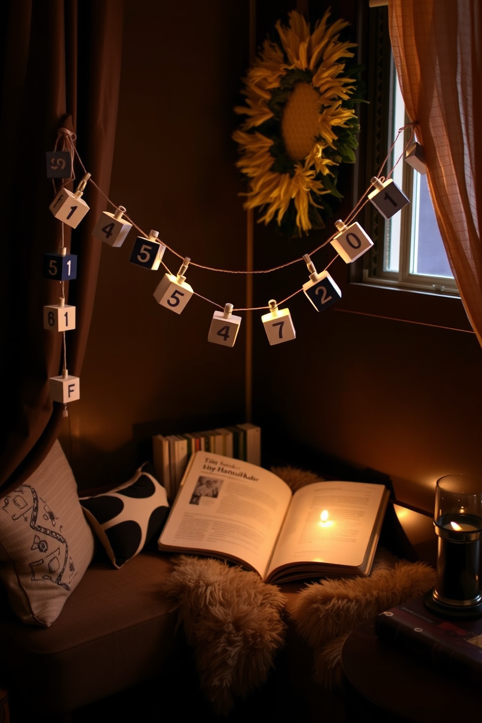 A cozy reading nook decorated for Hanukkah. The space features a garland of DIY dreidels draped across the nook, adding a festive touch to the warm atmosphere.