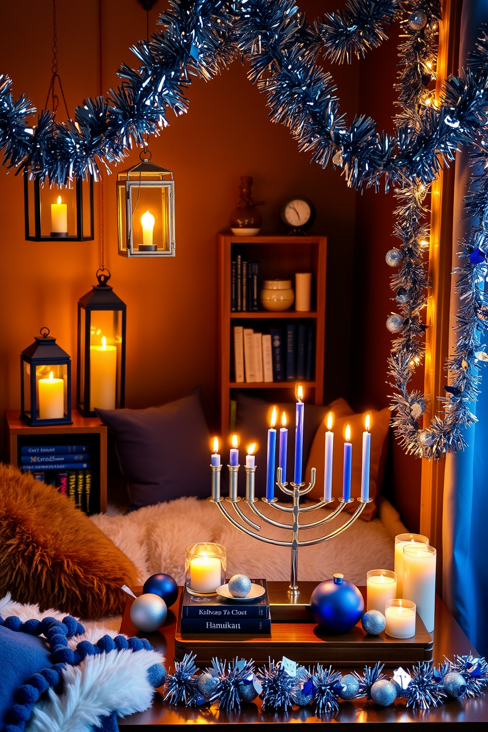 A cozy reading nook bathed in warm lighting from stylish lanterns and flickering candles. Plush cushions and a soft throw blanket invite relaxation, while a small bookshelf filled with favorite novels adds charm. Festive Hanukkah decorating ideas featuring blue and silver accents. A beautifully arranged menorah sits on a table, surrounded by decorative dreidels and shimmering garlands, creating a joyful atmosphere.