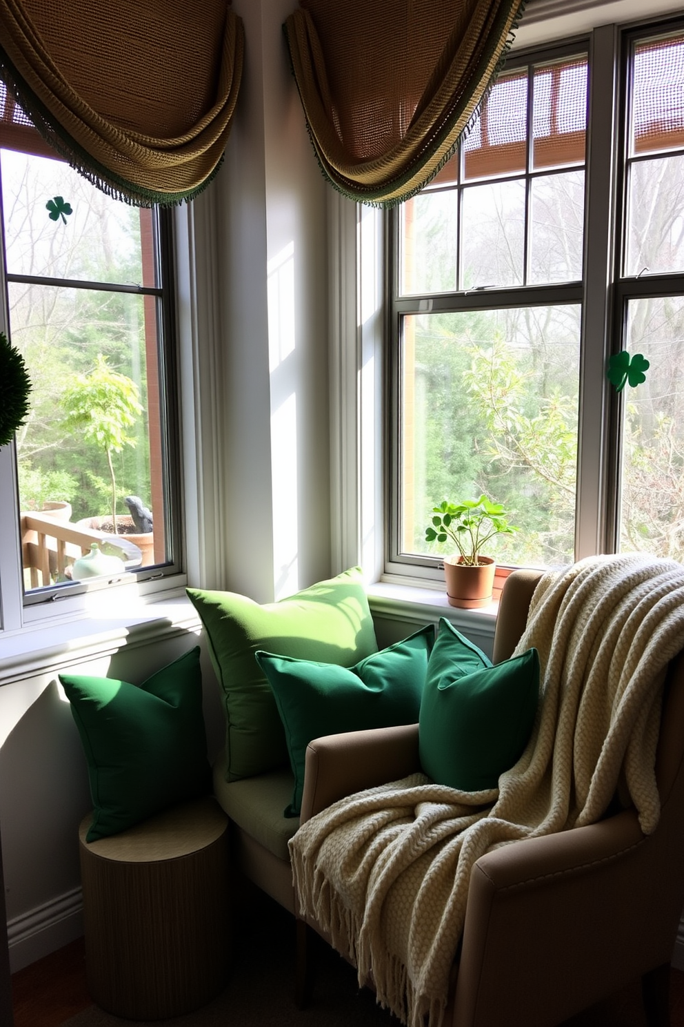 A cozy reading nook adorned with soft green cushions and warm blankets invites relaxation. The space features a comfortable armchair positioned beside a large window, allowing natural light to illuminate the area. For St. Patrick's Day, the nook is decorated with subtle touches of festive charm. Delicate shamrock accents and a small potted plant add a playful yet sophisticated atmosphere to the inviting space.