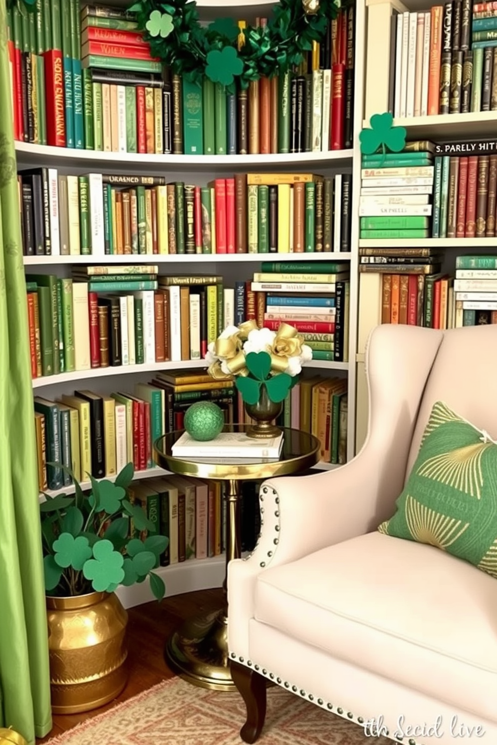 A cozy reading nook filled with books arranged by color scheme. A plush armchair in a soft fabric is positioned next to a small side table, creating an inviting atmosphere. St. Patrick's Day decorating ideas feature green accents and festive elements. A cheerful display of shamrocks and gold accents complements the overall theme, adding a touch of celebration.