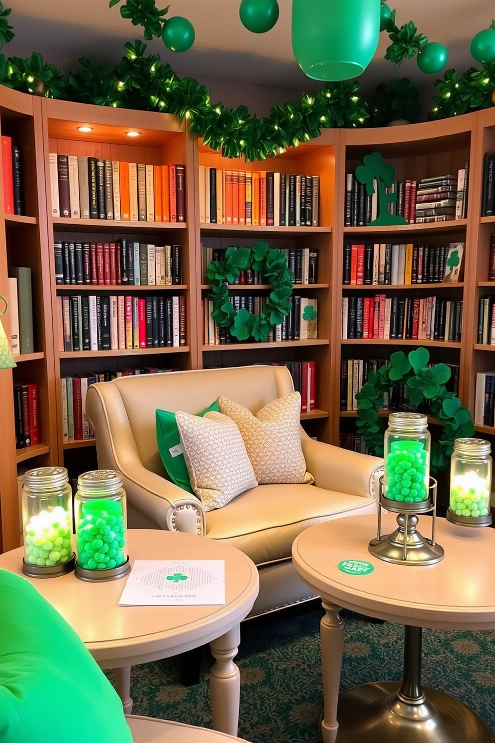 A cozy reading nook adorned with lucky charm jars placed on the tables. The space features a comfortable armchair with soft cushions, surrounded by warm lighting and vibrant green accents for St. Patrick's Day.