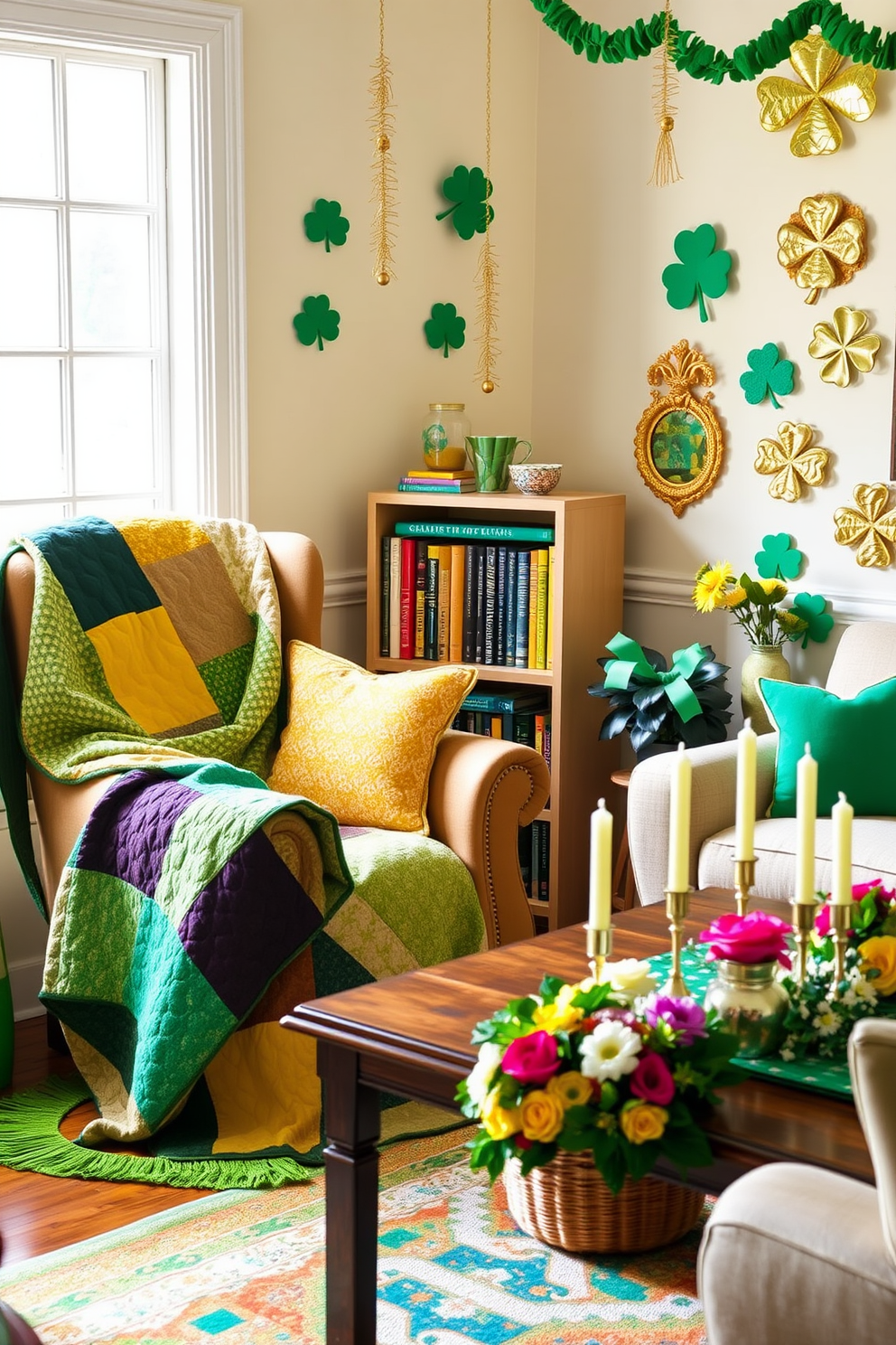 A cozy reading nook featuring patchwork quilts in vibrant colors draped over a plush armchair. Soft, natural light filters in through a nearby window, illuminating a small bookshelf filled with colorful novels. For St. Patrick's Day decorating ideas, envision a cheerful living room adorned with green and gold accents. Shamrock-themed decorations hang from the walls, and a festive table setting includes a centerpiece of fresh flowers and candles.