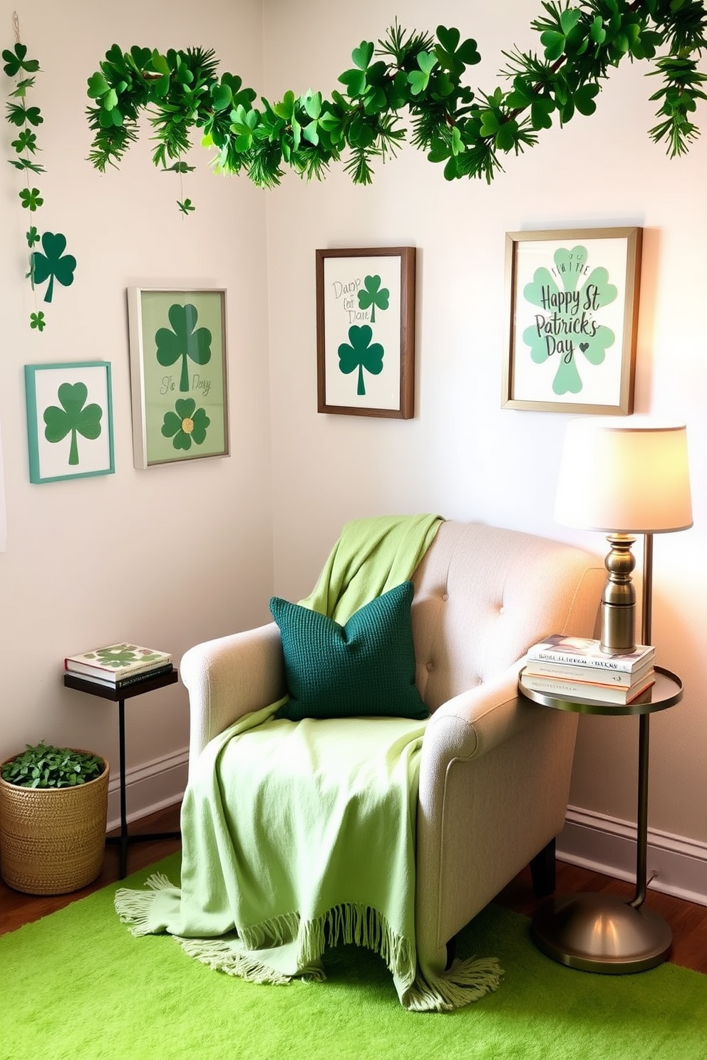 A cozy reading nook adorned with DIY shamrock garlands for a festive flair. The space features a comfortable armchair draped with a soft green throw and a small side table stacked with books. The walls are decorated with cheerful St. Patrick's Day artwork, and a vibrant green rug anchors the area. Soft lighting from a nearby lamp creates a warm and inviting atmosphere perfect for relaxation.