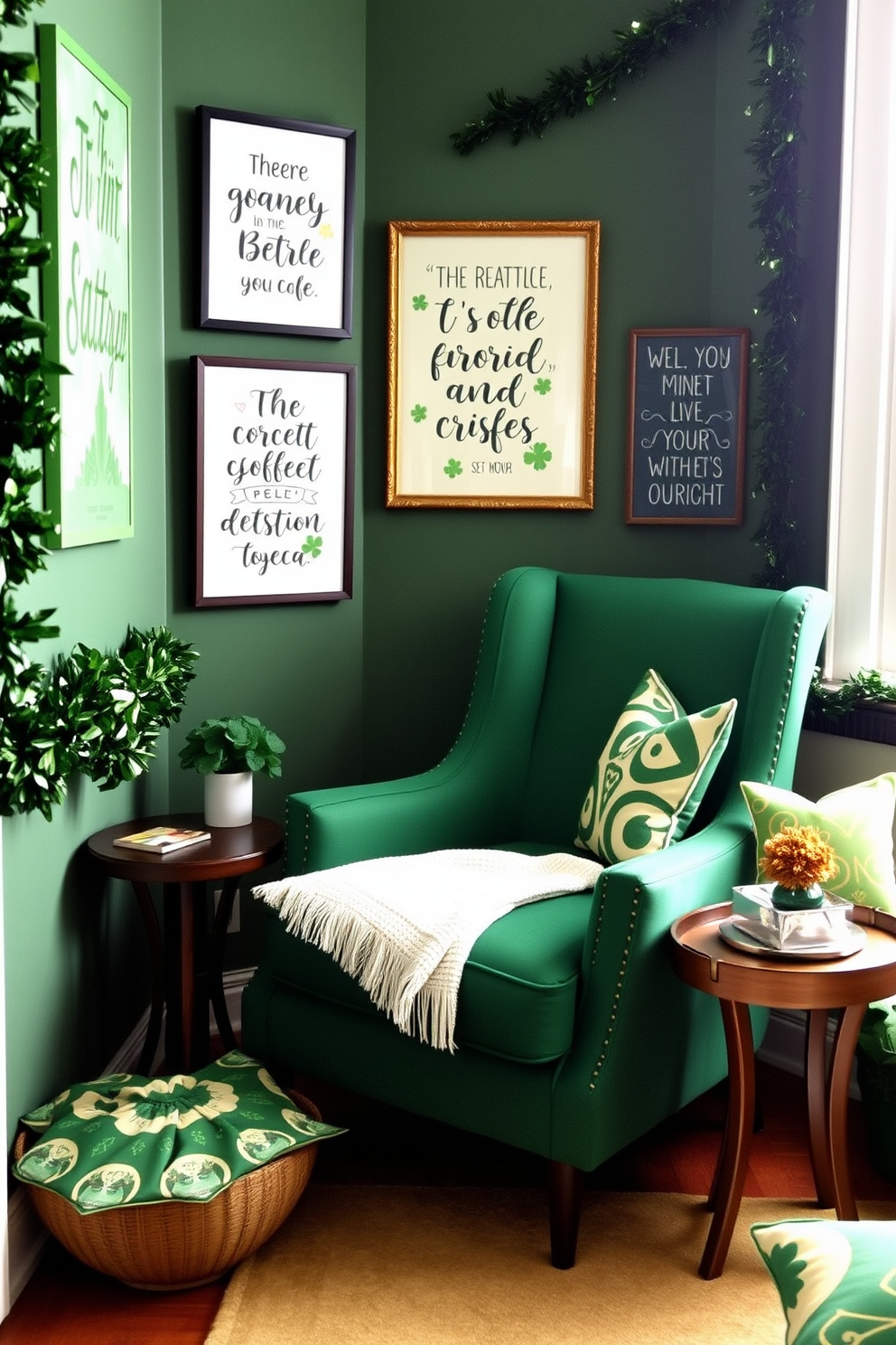 A cozy reading nook features a plush armchair in a vibrant emerald green fabric. Surrounding the nook are whimsical wall art pieces with inspiring quotes that add a playful touch to the space. For St. Patrick's Day decorating ideas, consider incorporating green and gold accents throughout the room. Use festive garlands and themed cushions to create a cheerful atmosphere that celebrates the holiday.