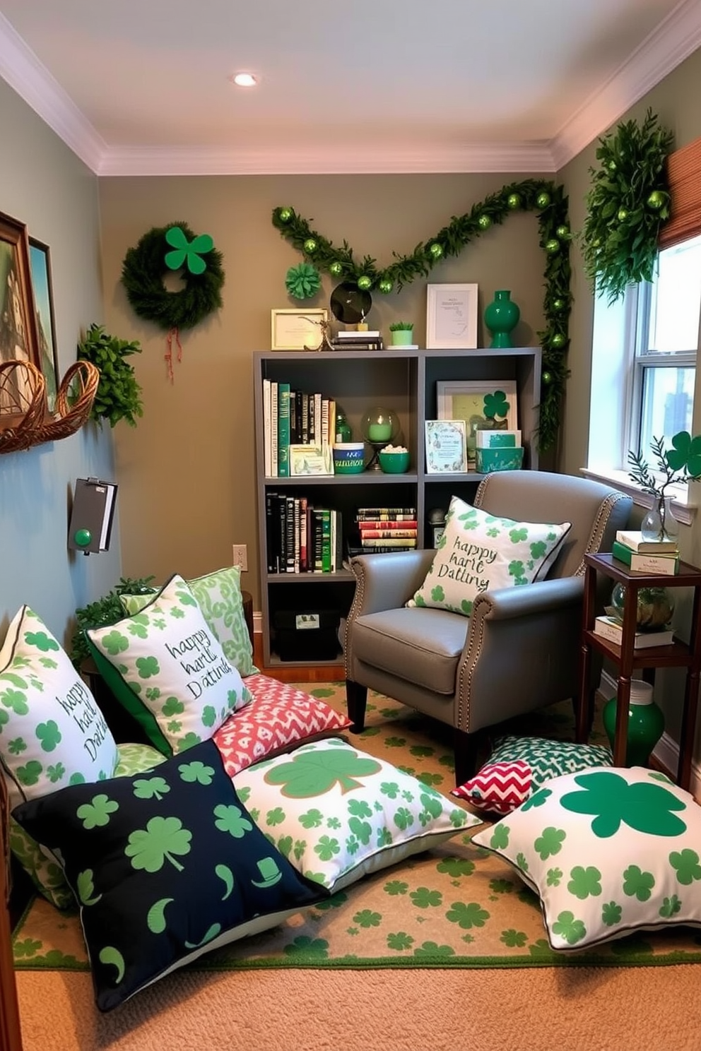 A cozy reading nook adorned with floor pillows in festive patterns celebrating St. Patrick's Day. The nook features a comfortable armchair and a small bookshelf filled with green-themed books and decorations.