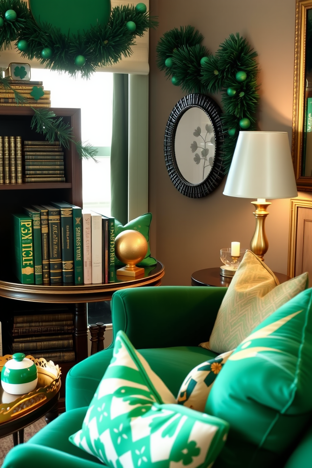 A cozy reading nook features green and gold themed bookends that elegantly hold a collection of classic novels. A plush armchair in a rich emerald hue is positioned next to a small side table adorned with a gold lamp, creating a warm and inviting atmosphere. For St. Patrick's Day decorating ideas, the space is infused with vibrant green accents including throw pillows and a festive garland. Gold accents in the form of decorative trays and candle holders add a touch of elegance to the cheerful holiday decor.