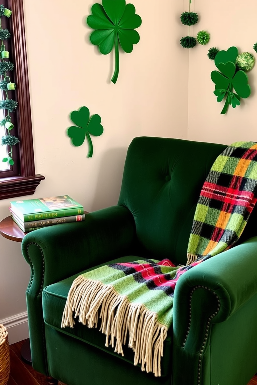 A cozy reading corner adorned with St. Patrick's Day decorations. A plush armchair upholstered in rich green fabric sits next to a small wooden side table. On the table, a stack of books is topped with a decorative shamrock. A soft throw blanket in a vibrant plaid pattern drapes over the arm of the chair, inviting relaxation.