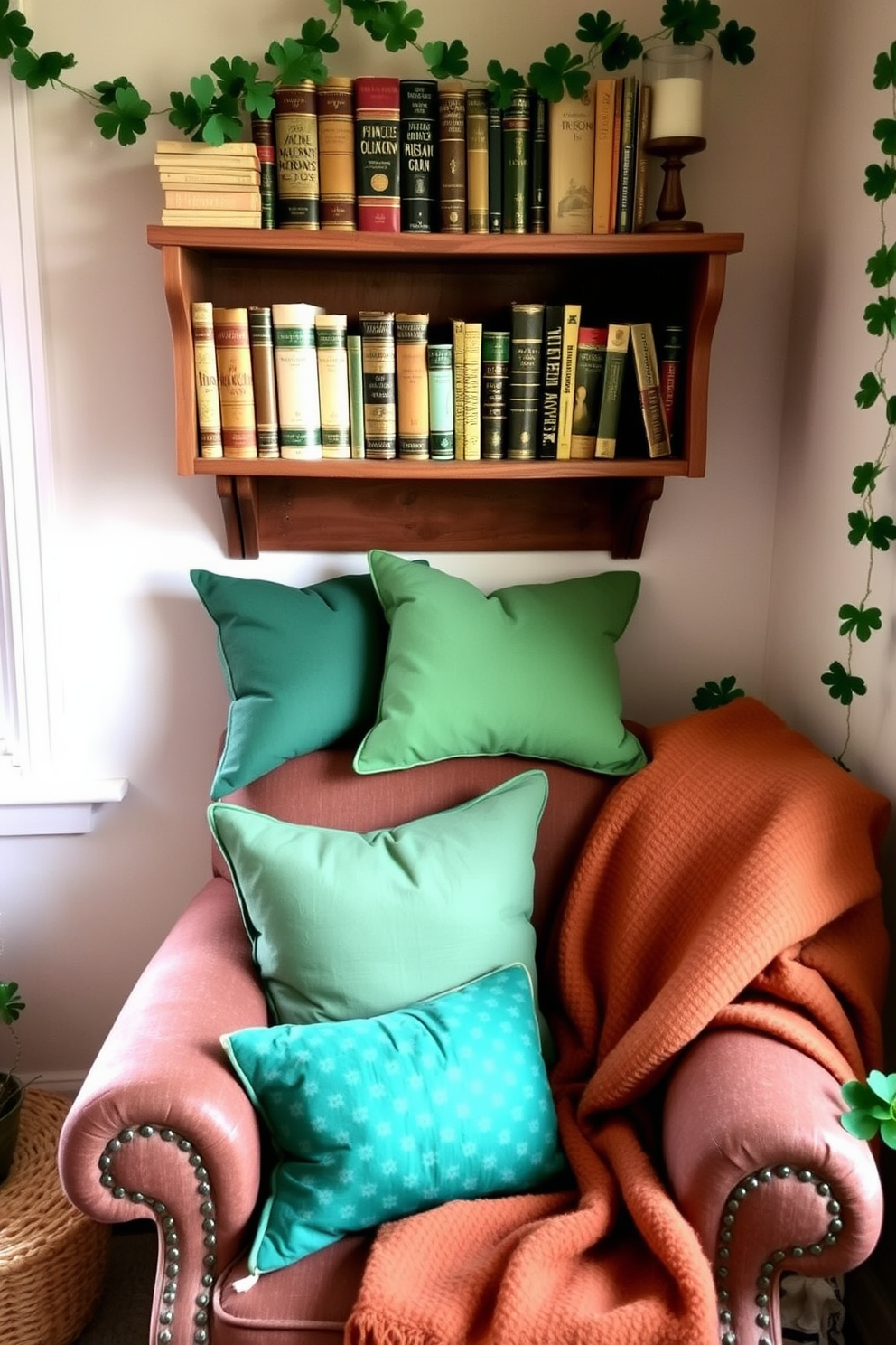 A cozy reading nook featuring a vintage Irish book collection on a rustic wooden shelf. Soft green cushions are arranged on a comfortable armchair, inviting you to relax and enjoy a good book. The nook is adorned with St. Patrick's Day decorations, including shamrock garlands and a small potted plant. A warm throw blanket is draped over the armchair, adding a touch of comfort and charm to the space.