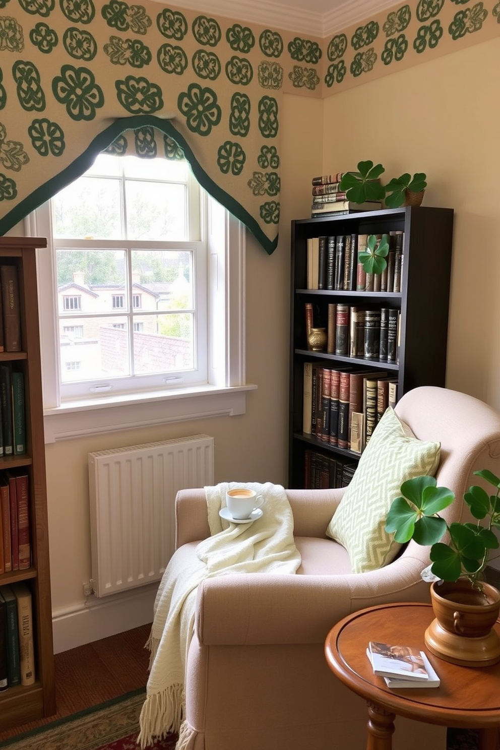 A cozy reading nook adorned with Celtic knot patterned textiles. The space features a comfortable armchair draped with a soft blanket and a small side table holding a steaming cup of tea. The walls are painted in a warm cream color, creating a welcoming atmosphere. A small bookshelf filled with classic novels sits nearby, and a decorative shamrock plant adds a festive touch for St. Patrick's Day.