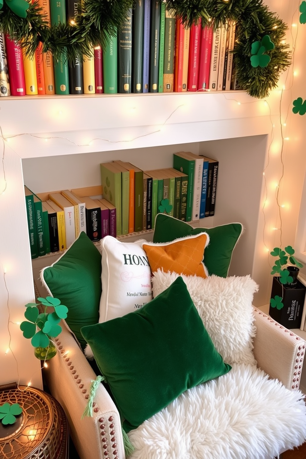 A cozy reading nook featuring rainbow colored book displays that create a vibrant and inviting atmosphere. Soft cushions and a plush throw blanket are arranged on a comfortable chair, providing the perfect spot to enjoy a good book. St. Patrick's Day decorating ideas include green and gold accents throughout the space. Shamrock-themed decor and twinkling fairy lights add a festive touch, creating a cheerful ambiance for the celebration.