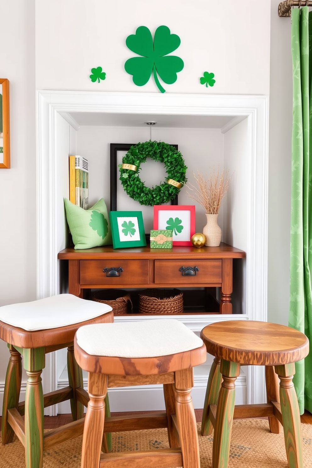 Charming wooden stools for seating in a cozy reading nook. The stools feature a rustic finish and are paired with soft cushions for added comfort. St. Patrick's Day decorating ideas include vibrant green accents and festive shamrock motifs. Incorporate gold and white elements to create a cheerful and inviting atmosphere.