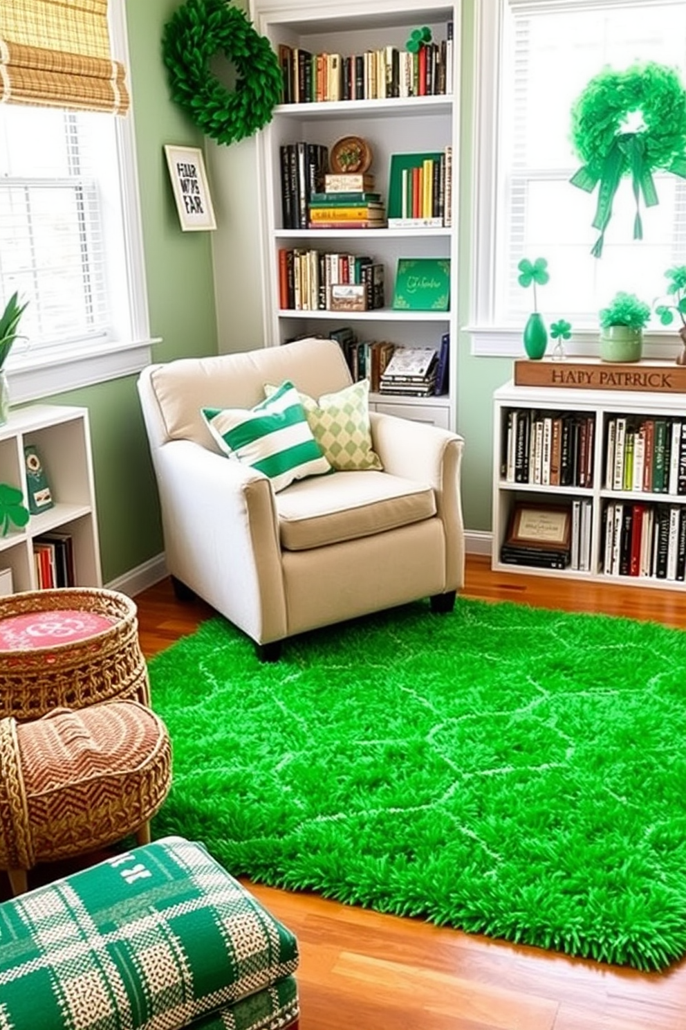 A cozy reading nook adorned with a bright green area rug that adds comfort and warmth to the space. The nook features a plush armchair with soft cushions, surrounded by shelves filled with books and decorative items inspired by St. Patrick's Day.