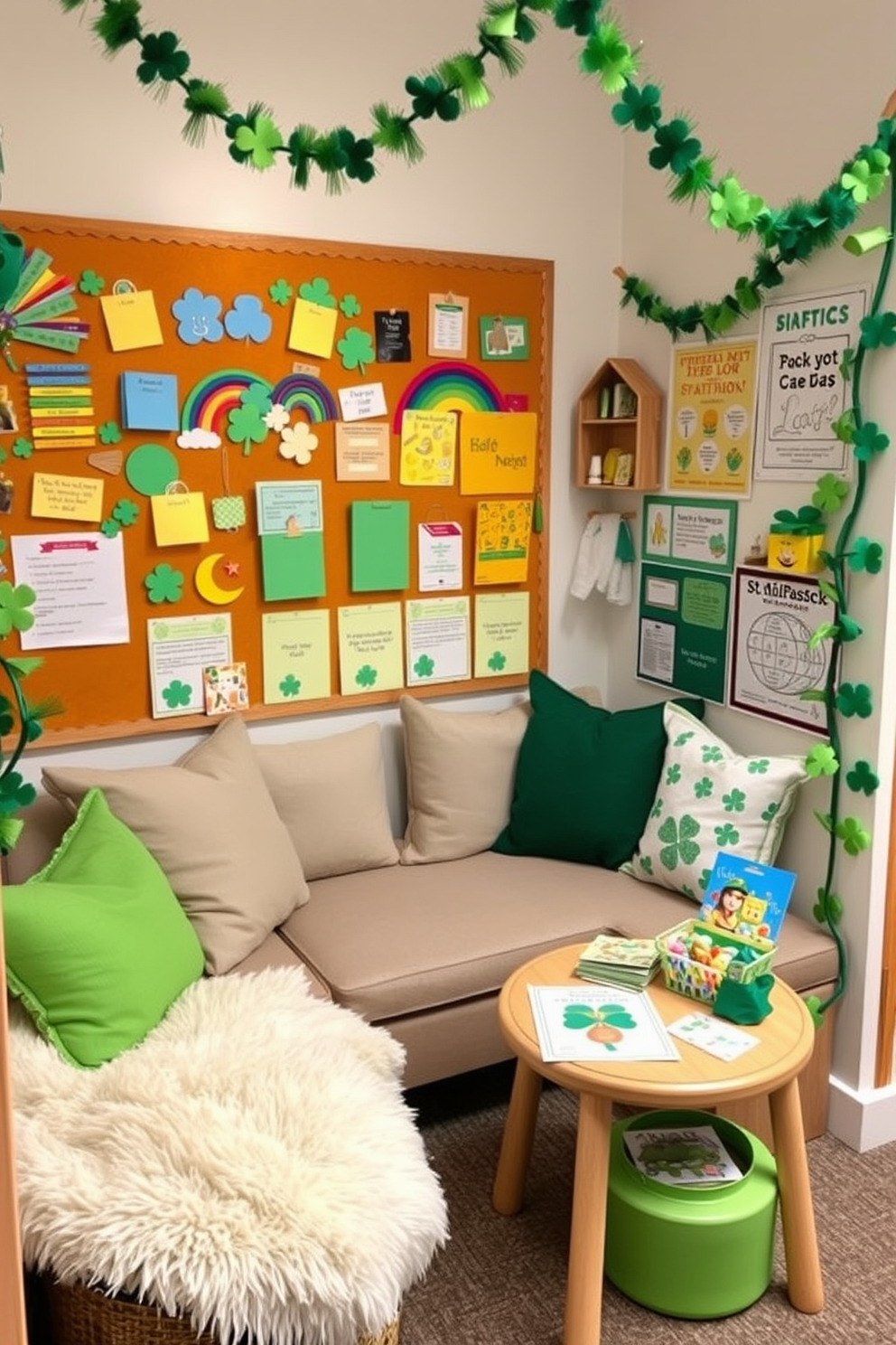 A cozy reading nook featuring an interactive wall filled with colorful crafts and educational materials. Soft cushions and a plush throw blanket create an inviting space for children to explore their creativity while enjoying their favorite books. For St. Patrick's Day, the reading nook is adorned with festive decorations including shamrock garlands and green accents. A small table holds themed crafts, inviting young readers to engage in hands-on activities while celebrating the holiday.