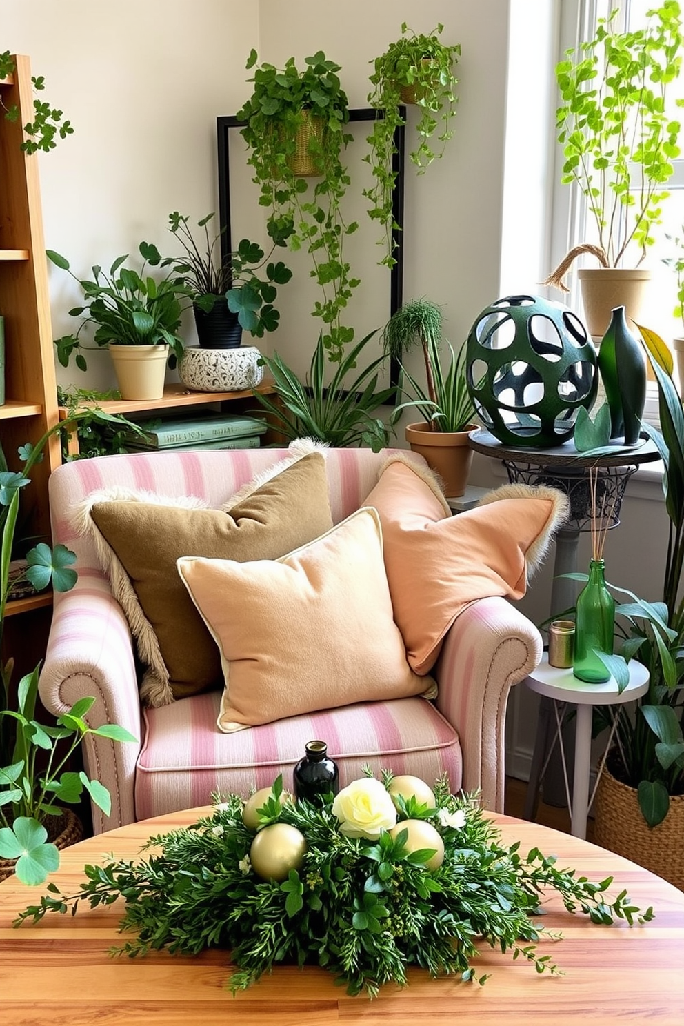 A serene reading nook filled with nature-inspired decor. Plush cushions in earthy tones are arranged on a cozy armchair, surrounded by various indoor plants that breathe life into the space. Delicate green and gold accents create a festive atmosphere for St. Patrick's Day. A charming table is adorned with shamrock-themed decorations and a centerpiece of fresh greenery, inviting warmth and celebration.