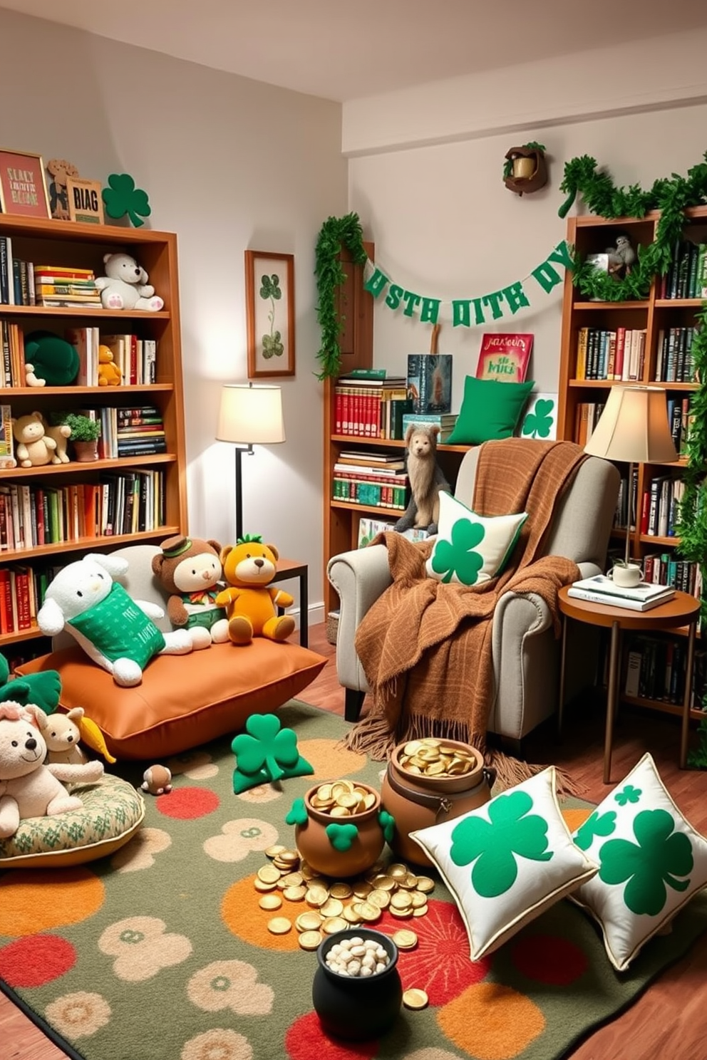 A cozy storytime corner filled with plush toys invites children to explore their imagination. Soft cushions and a colorful rug create a welcoming space for reading and play. The reading nook features a comfortable armchair surrounded by shelves filled with books. A warm blanket drapes over the chair, and a small side table holds a reading lamp and a cup of hot cocoa. For St. Patrick's Day, decorate with green and gold accents throughout the space. Shamrock-themed pillows and garlands add a festive touch, while a small pot of gold coins creates a playful centerpiece.