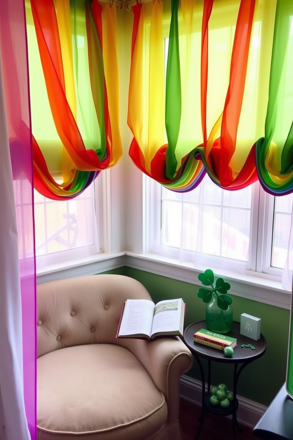 A cozy reading nook adorned with colorful rainbow curtains that gently filter in the light. The space features a plush armchair and a small side table, creating an inviting atmosphere perfect for enjoying a good book. For St. Patrick's Day, the nook is decorated with green accents and festive decor. A small shamrock plant sits on the side table, adding a touch of seasonal charm to the vibrant setting.