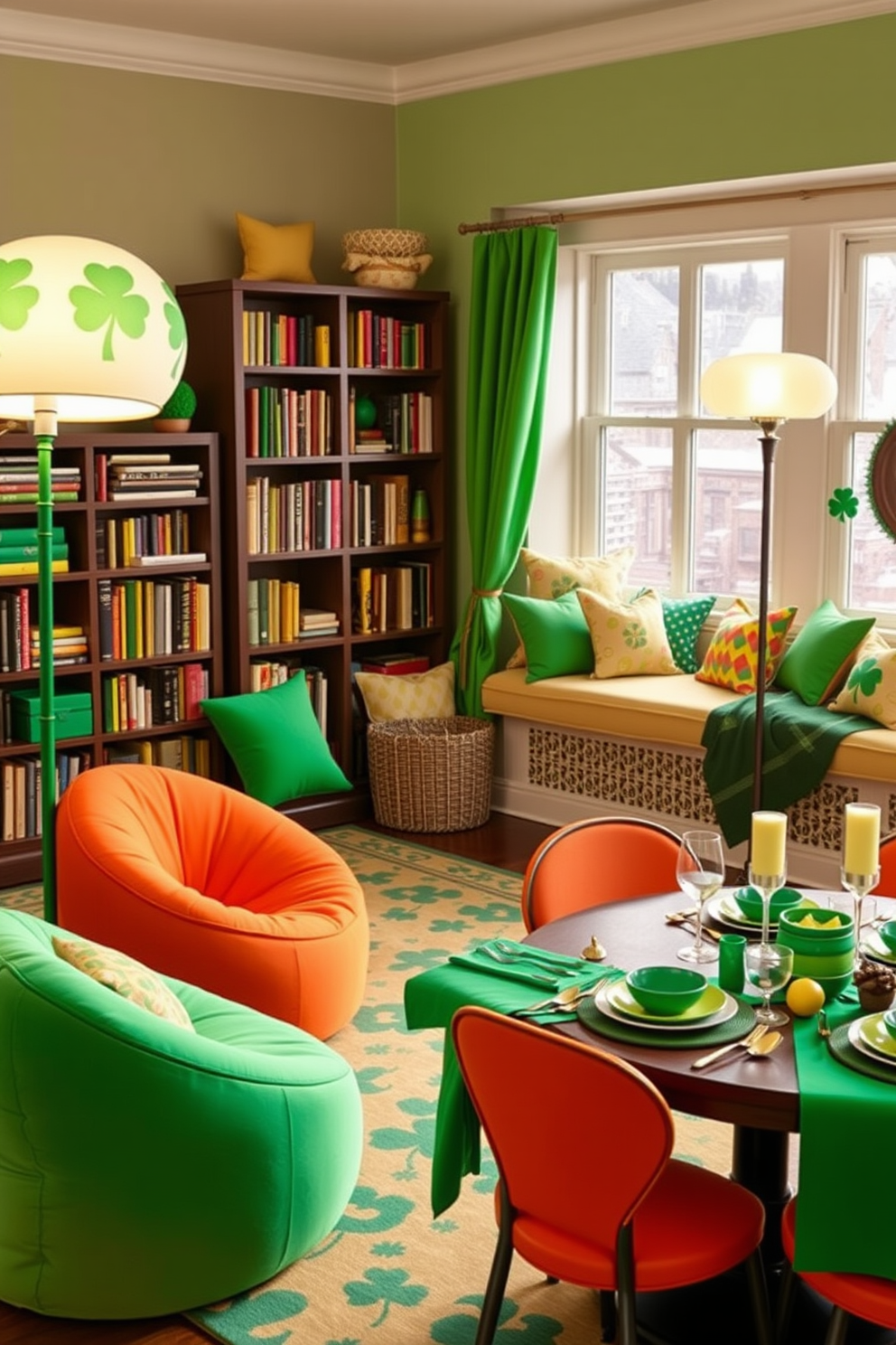 Whimsical seating in playful shapes creates an inviting atmosphere. Imagine a cozy corner filled with vibrant, curvy chairs and a plush, oversized bean bag in bright colors. A reading nook adorned with soft cushions and a whimsical floor lamp invites relaxation. The nook features a bookshelf filled with colorful books and a window seat draped in cheerful fabrics. St. Patrick's Day decorating ideas include vibrant green accents and playful shamrock motifs. Picture a festive table setting with green tableware, gold accents, and charming centerpieces that celebrate the holiday.