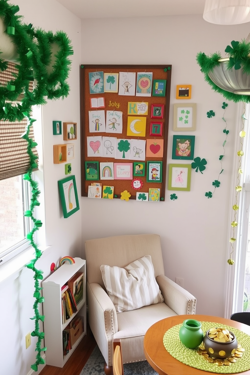 A corkboard is mounted on the wall, filled with colorful children's artwork showcasing their creativity. Surrounding the corkboard are playful frames and decorative elements that add a whimsical touch to the space. The reading nook features a cozy armchair with soft cushions, nestled in a corner by a window. A small bookshelf filled with children's books and a soft rug underfoot create an inviting atmosphere for storytime. St. Patrick's Day decorations include green garlands and shamrock accents adorning the walls. A festive table centerpiece with gold coins and a small pot of gold adds a cheerful touch to the celebration.